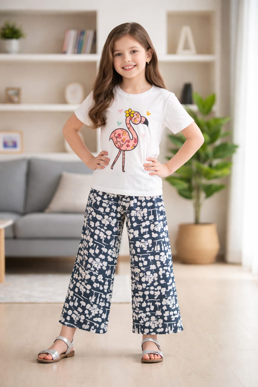 Flmingo Print White T-shirt & flapper plazzo -Girls