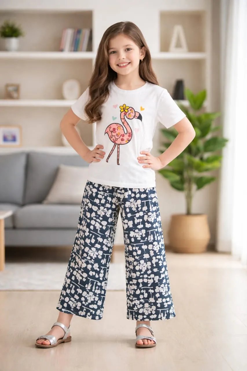 Flamingo Print White T-shirt and Flapper Palazzo - Girls (19N)