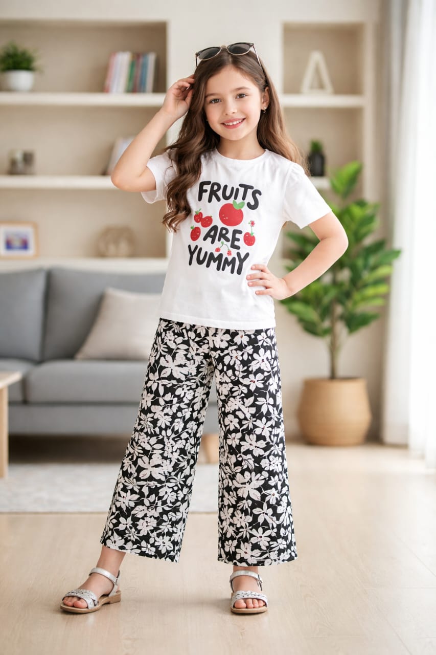 Fruits Are yummy Print White T-shirt & flapper plazzo -Girls