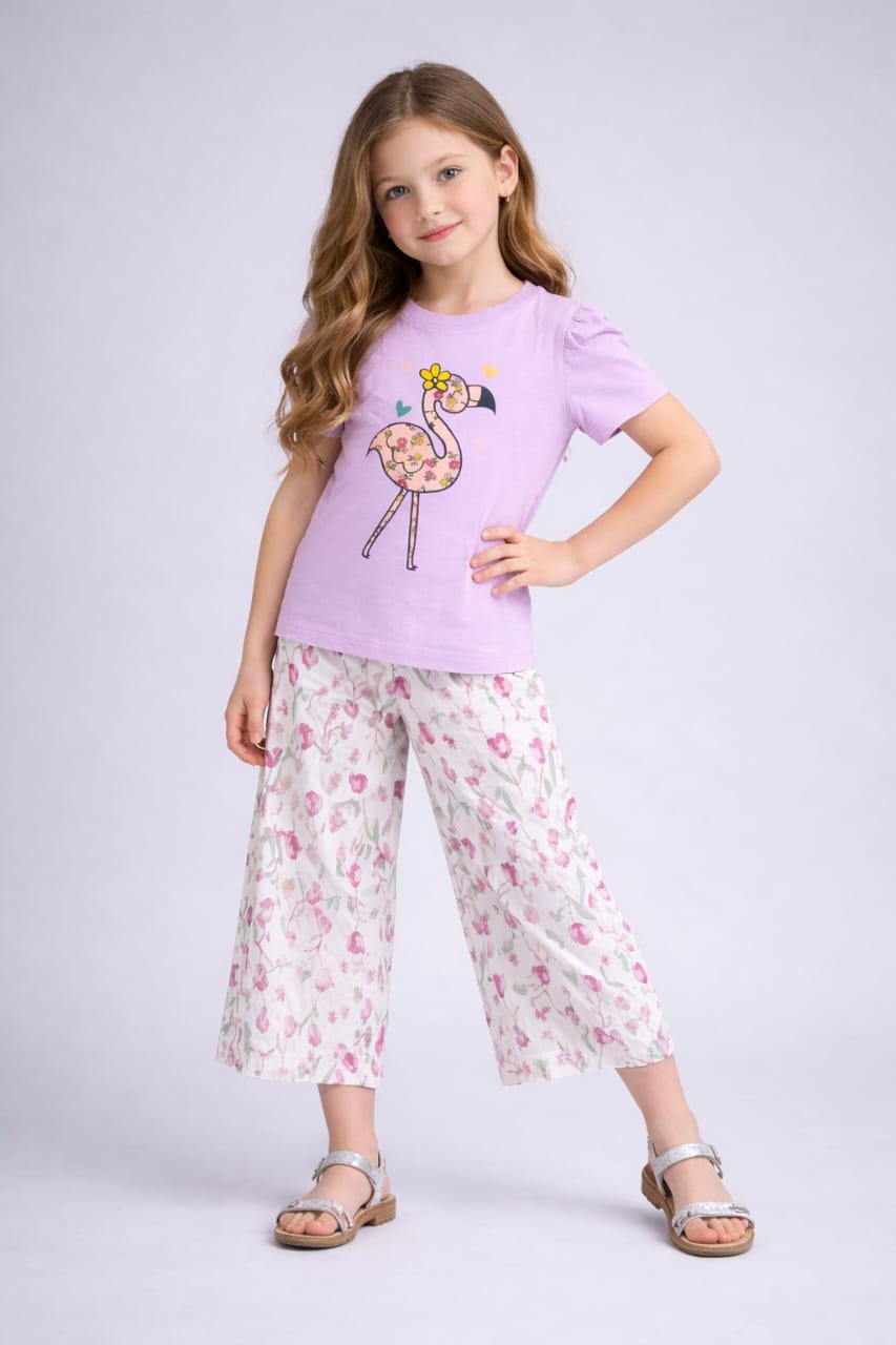 Flmingo Print Purple T-shirt & flapper plazzo -Girls