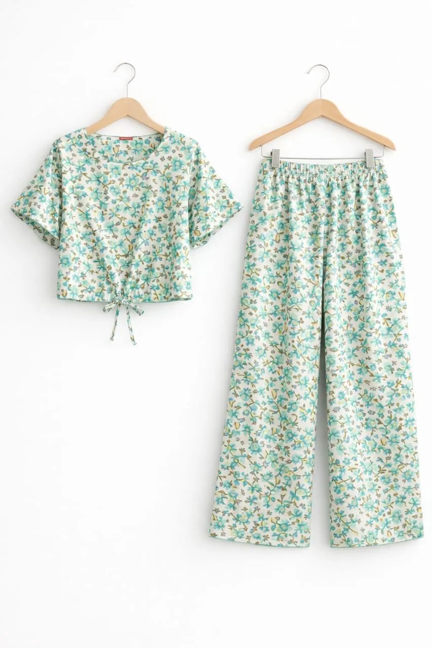 Brown & Ferozi Flowers Print White Skate Fish- Girls
