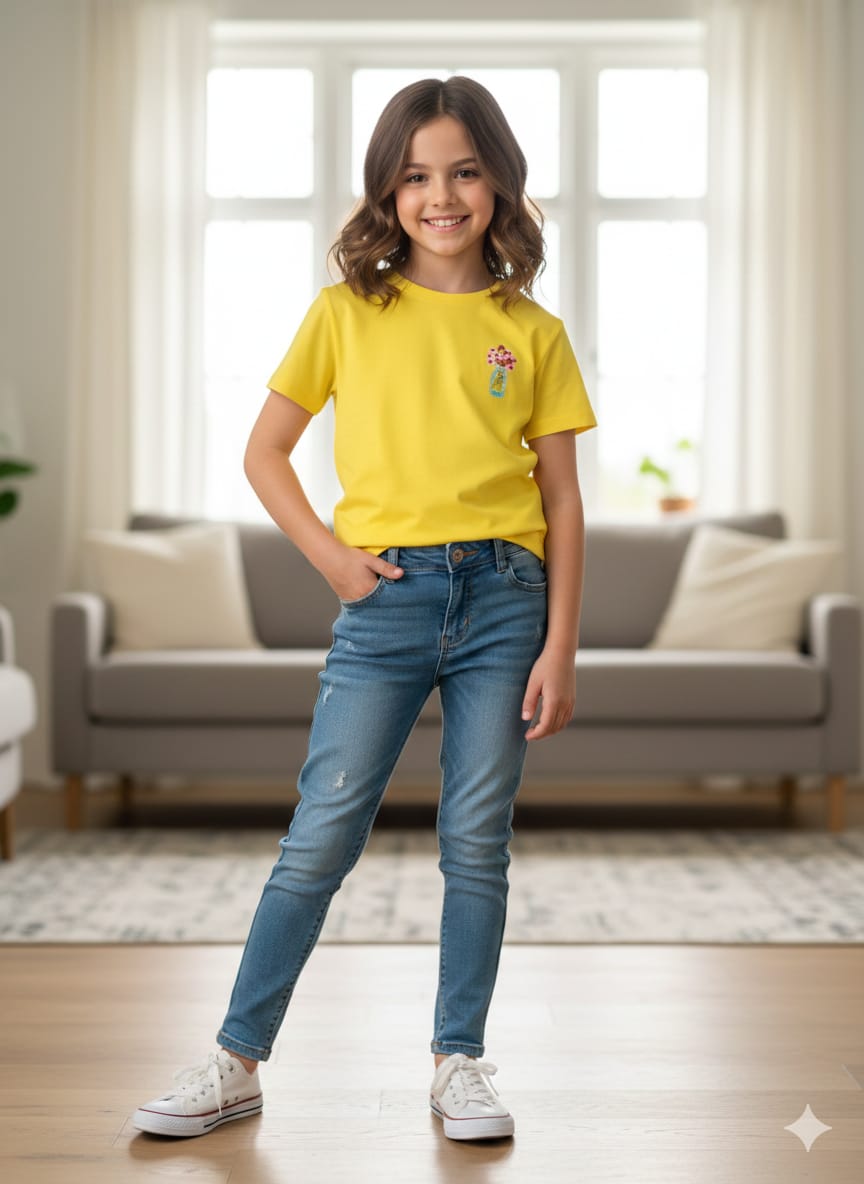Flowers Embroidery   T-Shirt  Girls