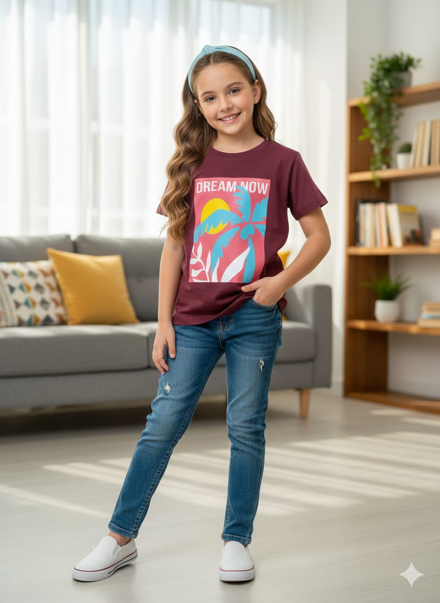 Dream Now Mehroon  T-Shirt- GirlsCategory  T-Shirt