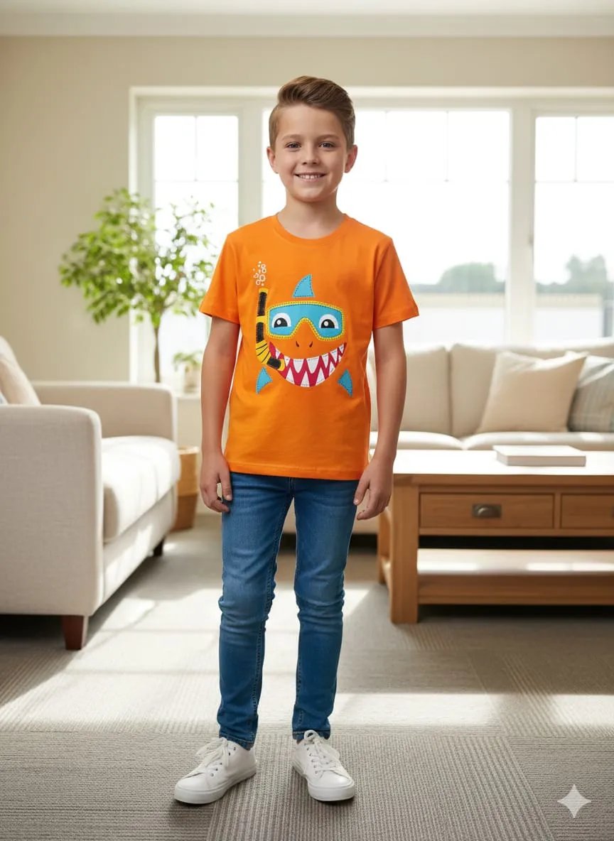 Shark Print Orange T-shirt-Boys
