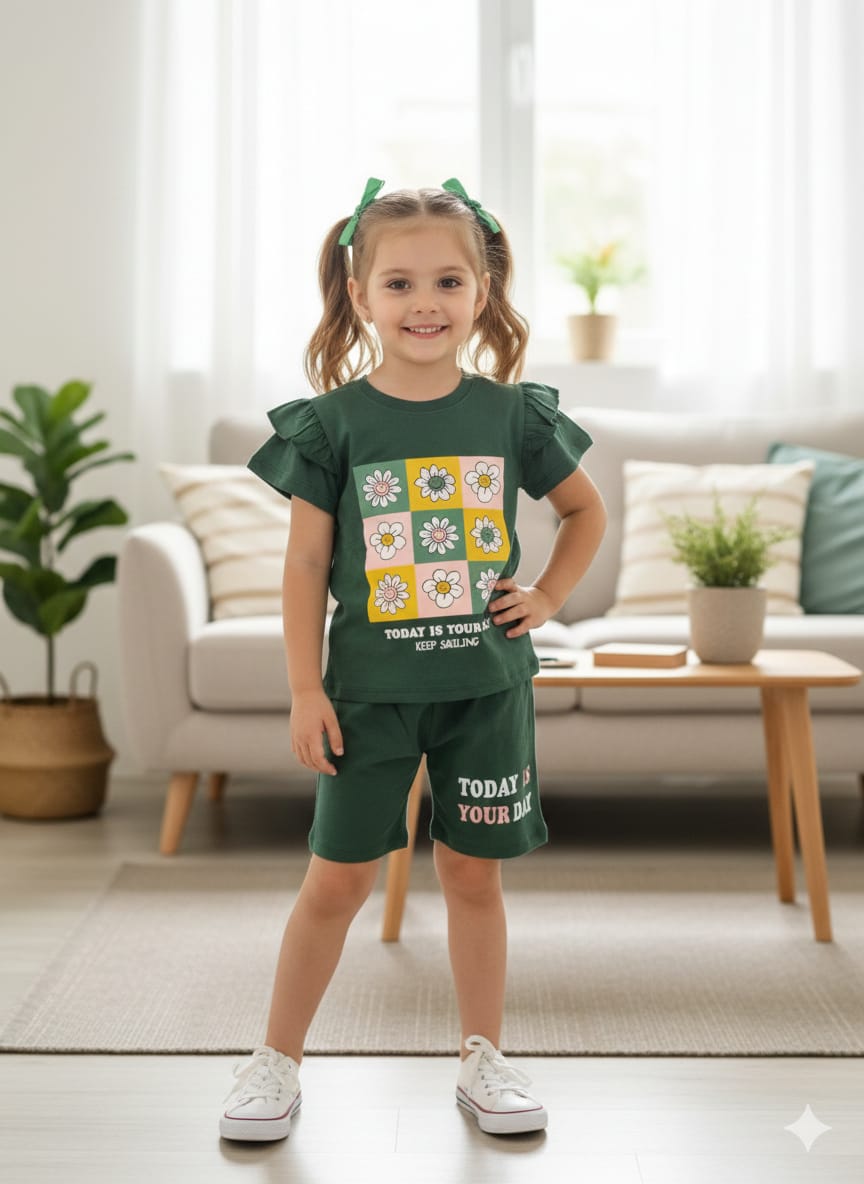 Multiple Sun Flowers Print green Nicker Suit- Girls