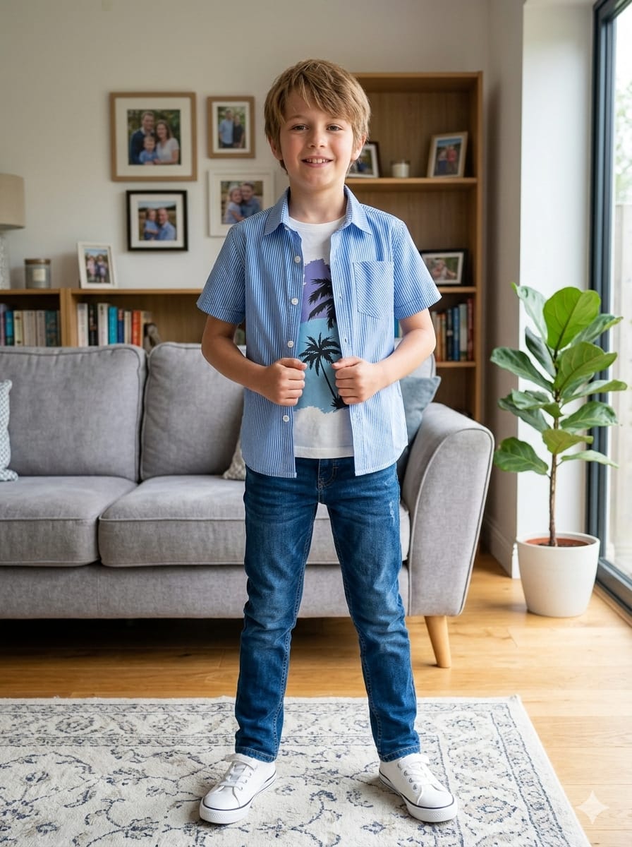 Tree Sun Print Blue Check Double Shirt Boys