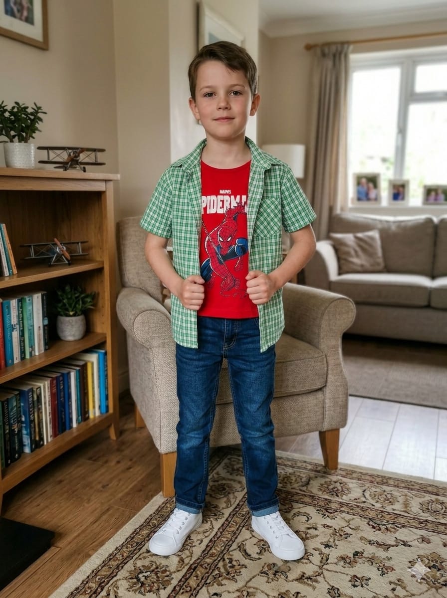 Spiderman red inner green  Check Double Shirt Boys