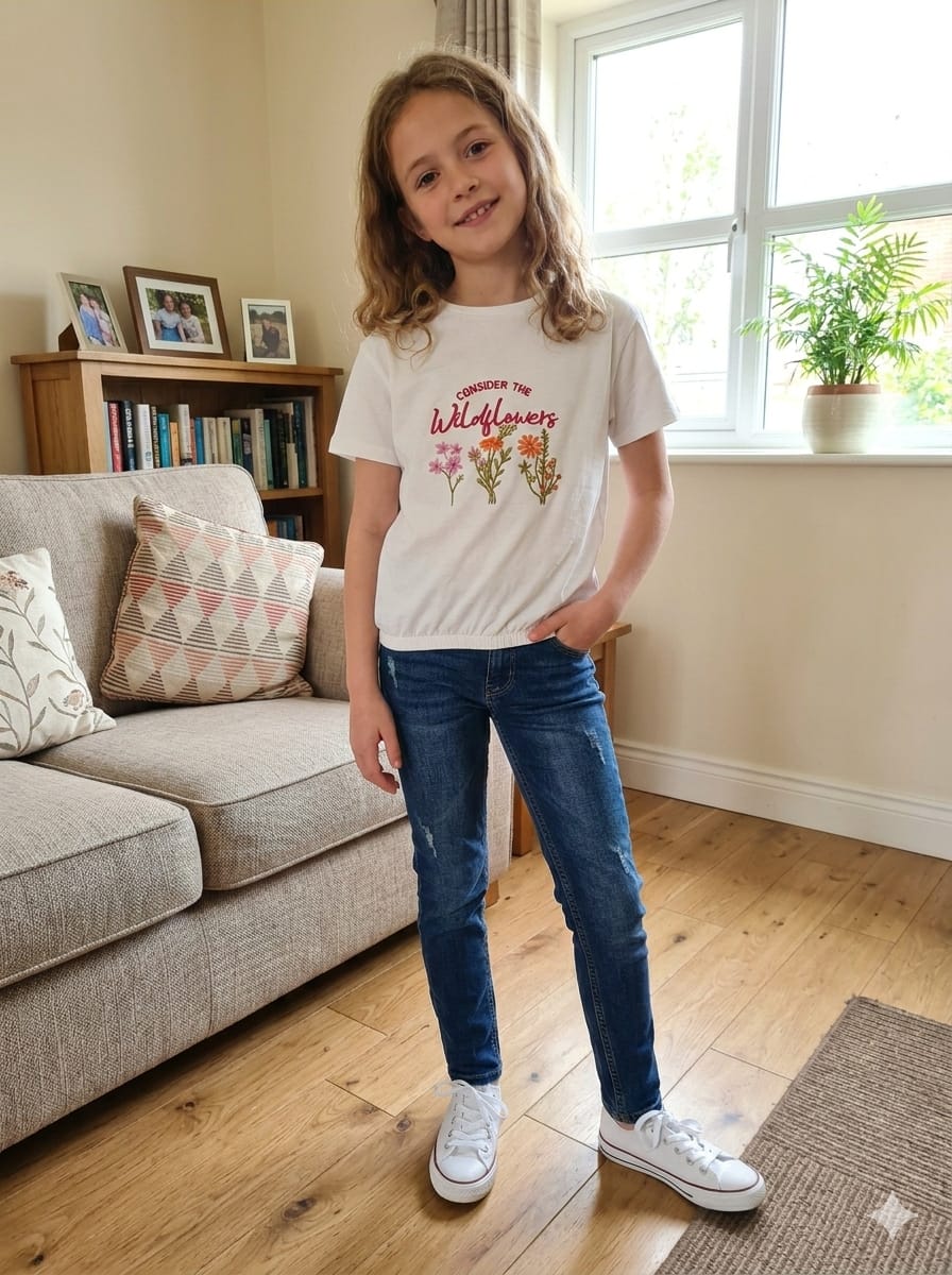 Short Length Wildflower Print Emroidery T- Shirt- Girls