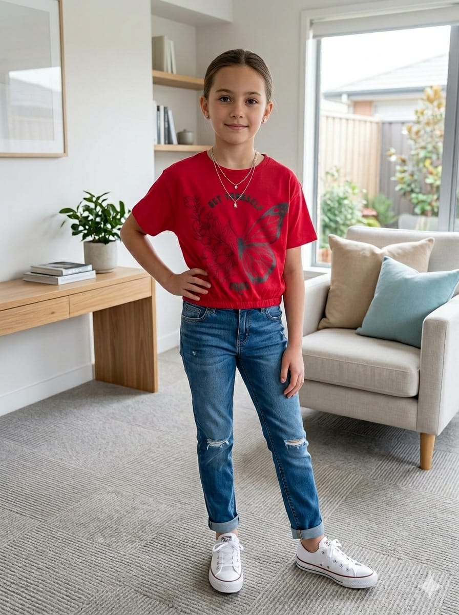Short Length Butterfly Print red  T- Shirt- Girls