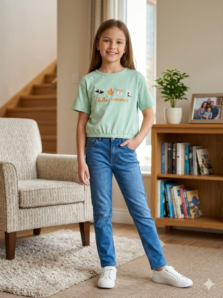 Short Length Cofee Print Embroidery T- Shirt- Girls