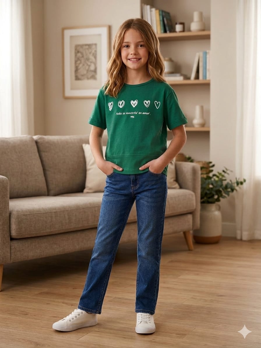 Short Length Five Heart Print Green T- Shirt- Girls