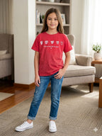 Short Length Five Heart Print Red T- Shirt- Girls