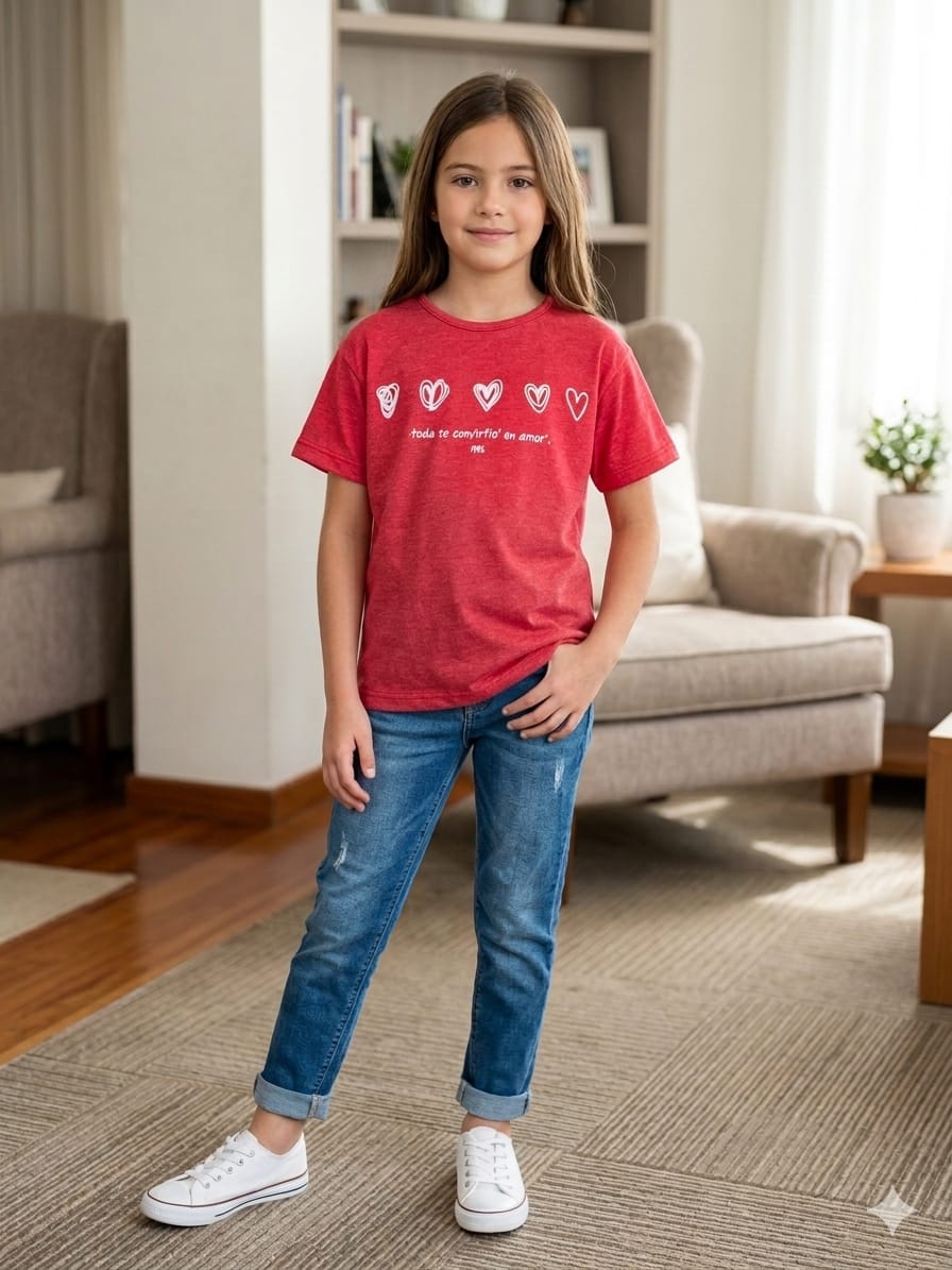 Short Length Five Heart Print Red T- Shirt- Girls