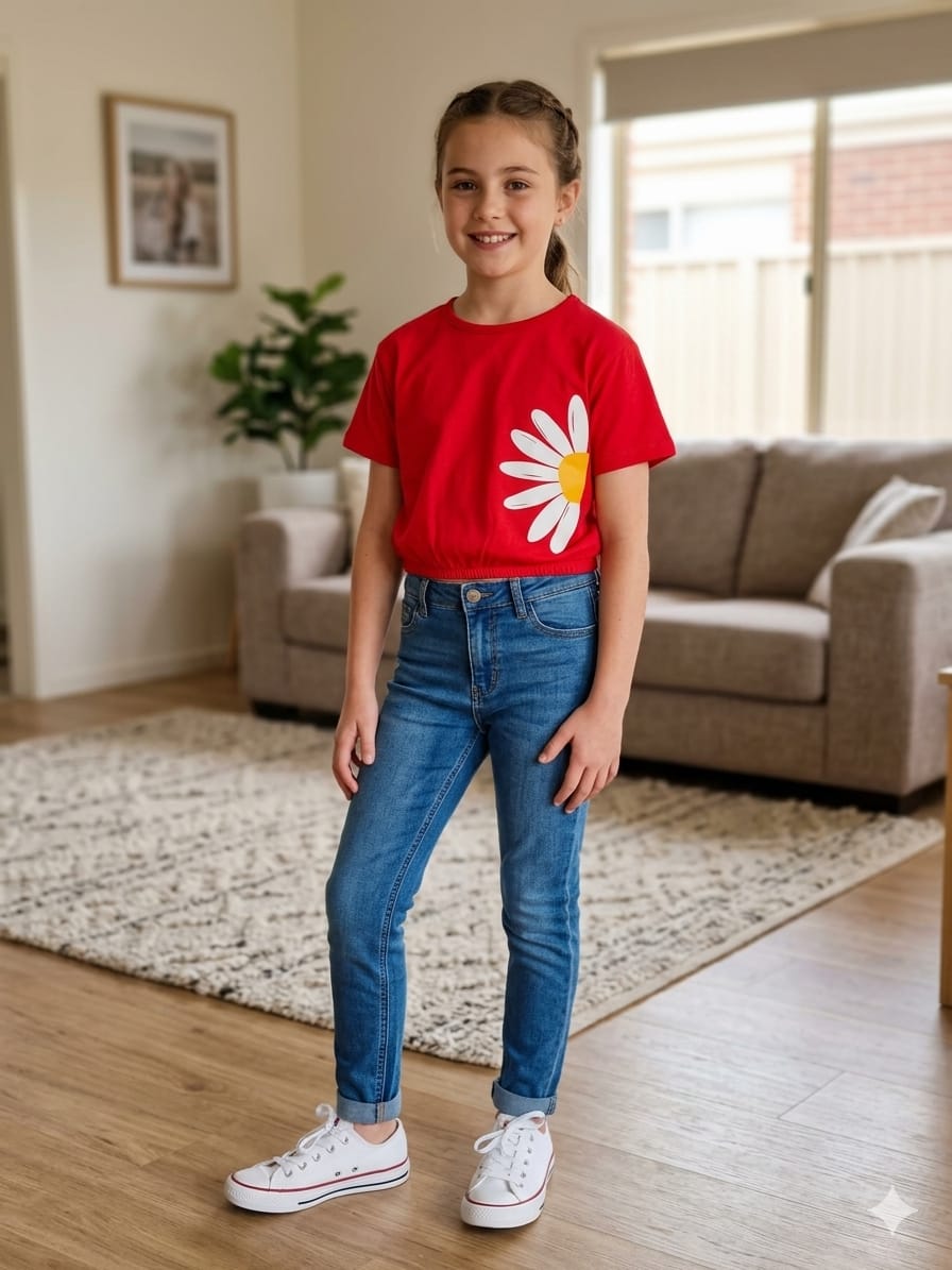 Short Length Sun Flower Print Red T- Shirt- Girls