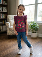Strawberry Print Baby Purple Long Frill T- Shirt- Girls