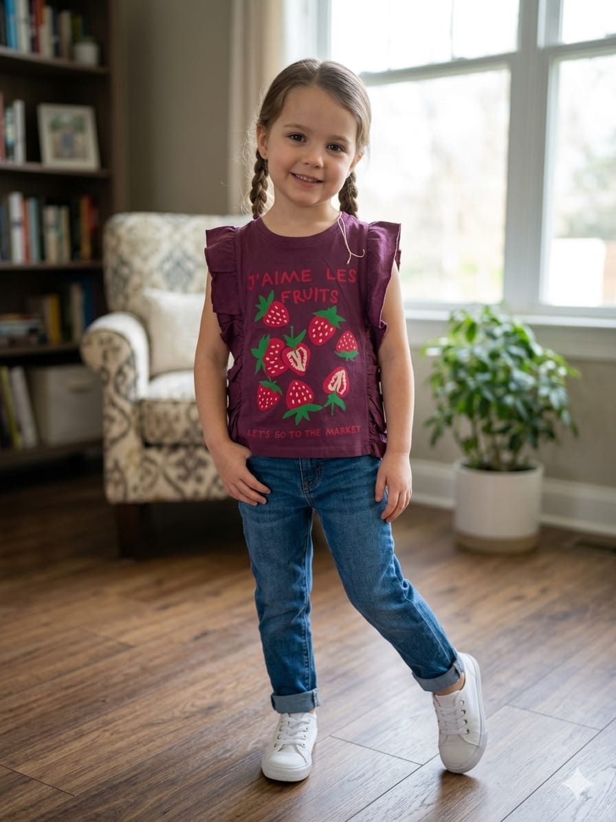 Strawberry Print Baby Purple Long Frill T- Shirt- Girls