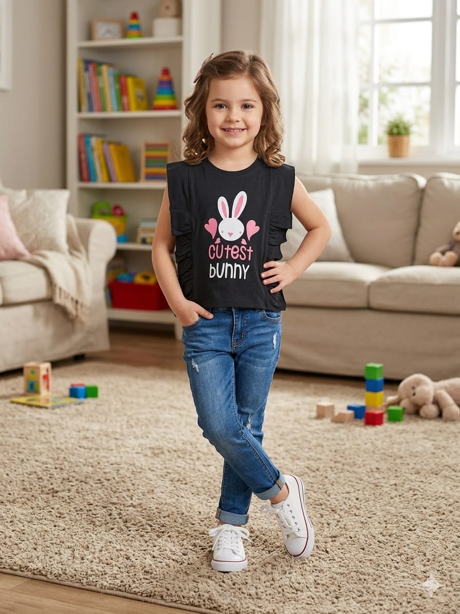 Cuttest Bunny Black Long Frill T-Shirt Girls