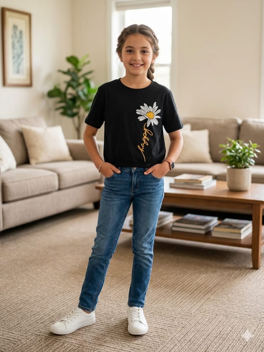 Short Length Sun Flower Print  Black T- Shirt- Girls