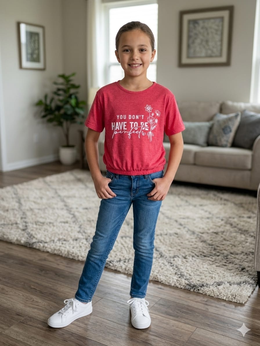 Short Length Rose & Heart Print T- Shirt- Girls