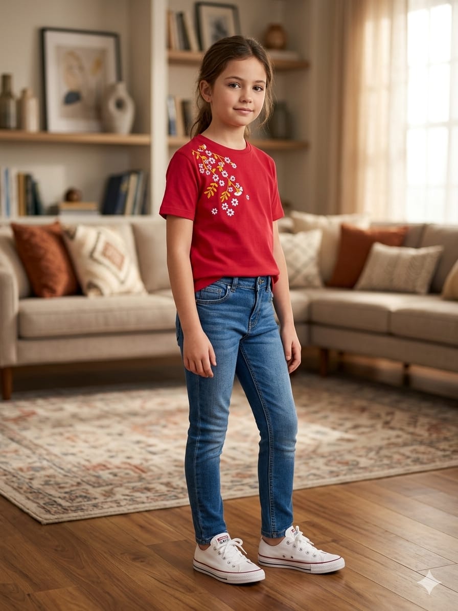 Floral Emroidery Print Red T- Shirt- Girls