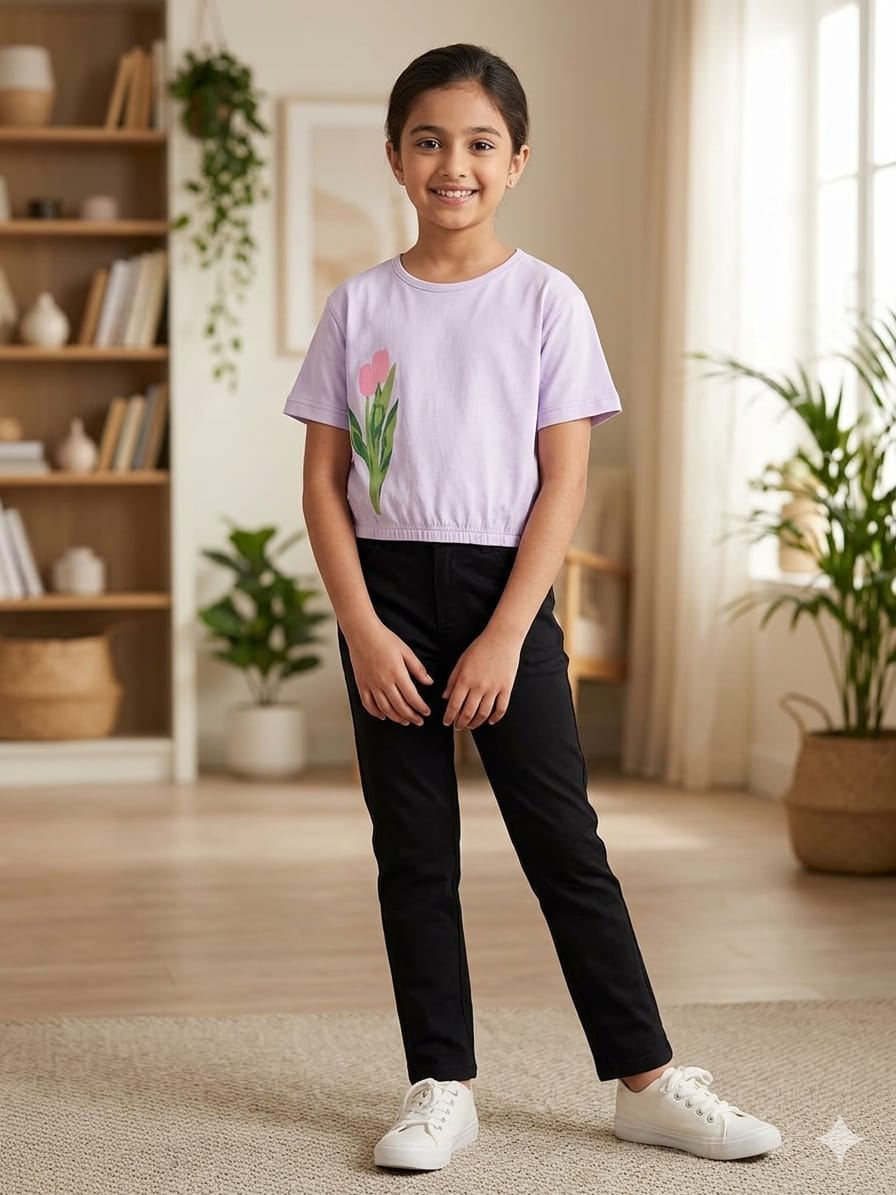 Short Length Tulip Print Purple T- Shirt- Girls