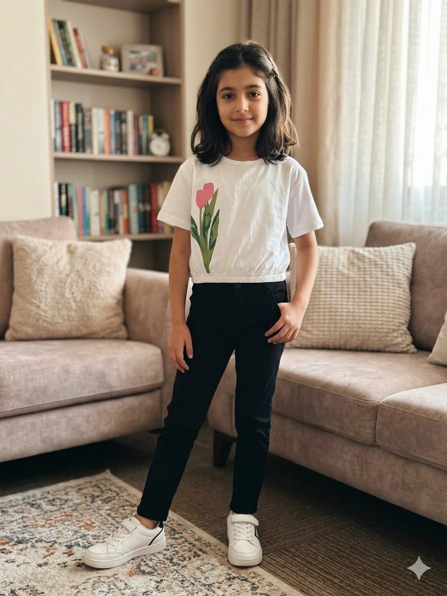 Short Length Tulip Print White T- Shirt- Girls