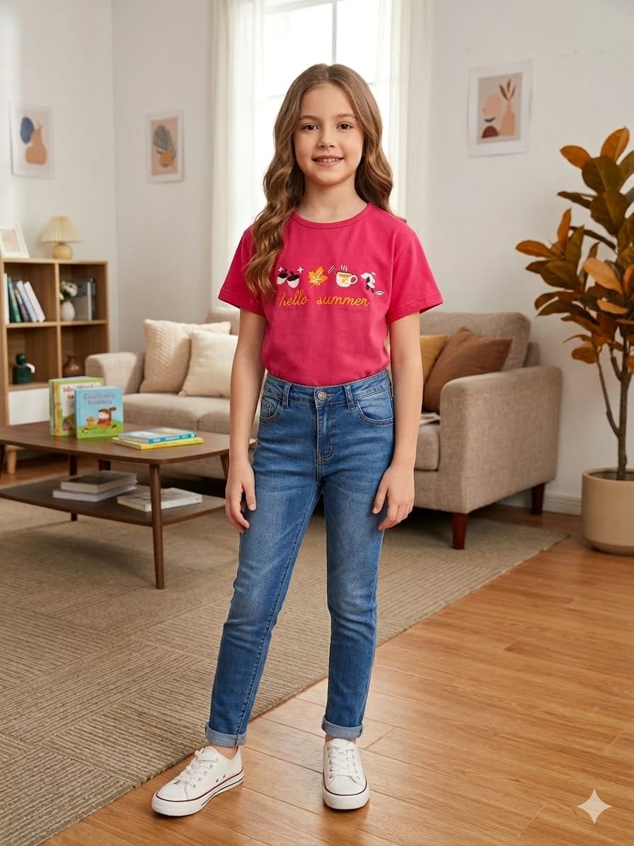Short Length Cofee Print Red Embroidery T- Shirt- Girls