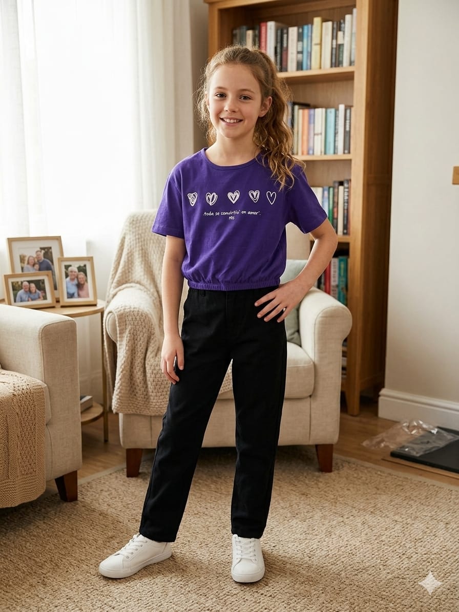 Five Heart Print Purple T- Shirt- Girls