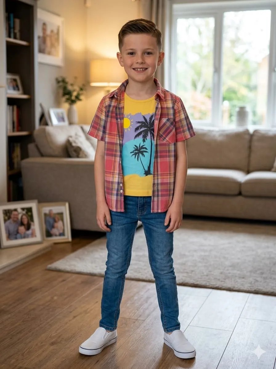 Tree Sun Print Yellow Check Brown Double Shirt Boys (9N)
