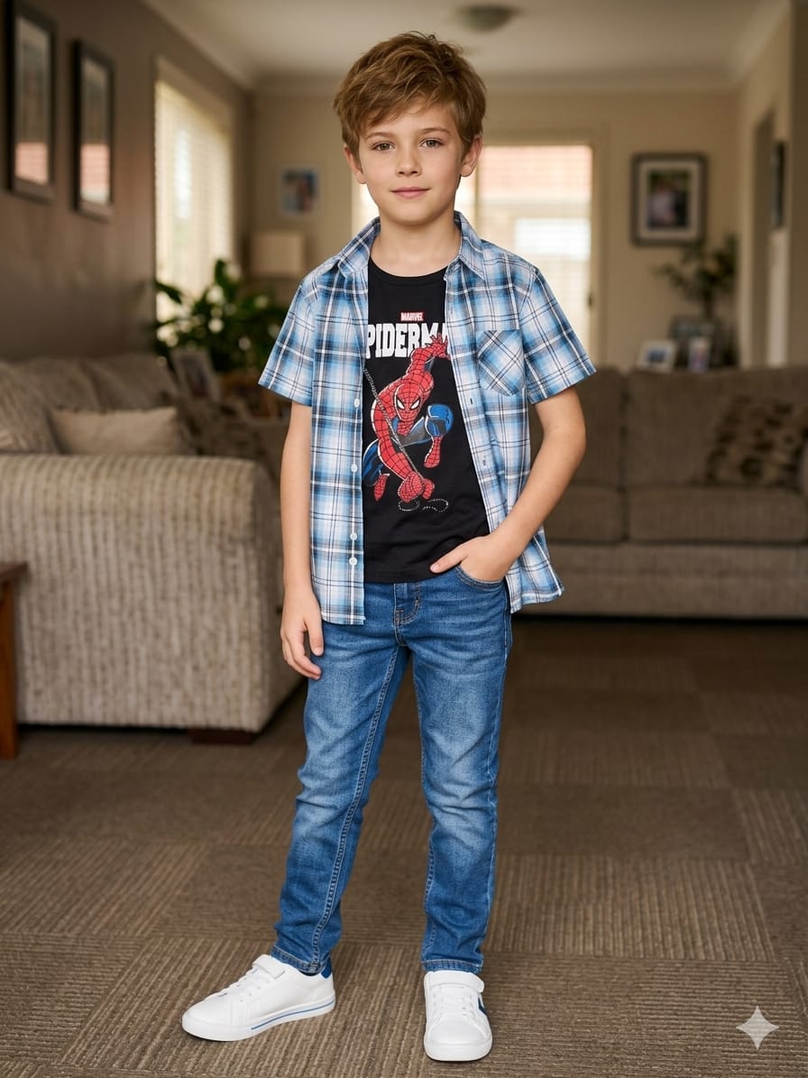 Spiderman Black Check Double Shirt Boys