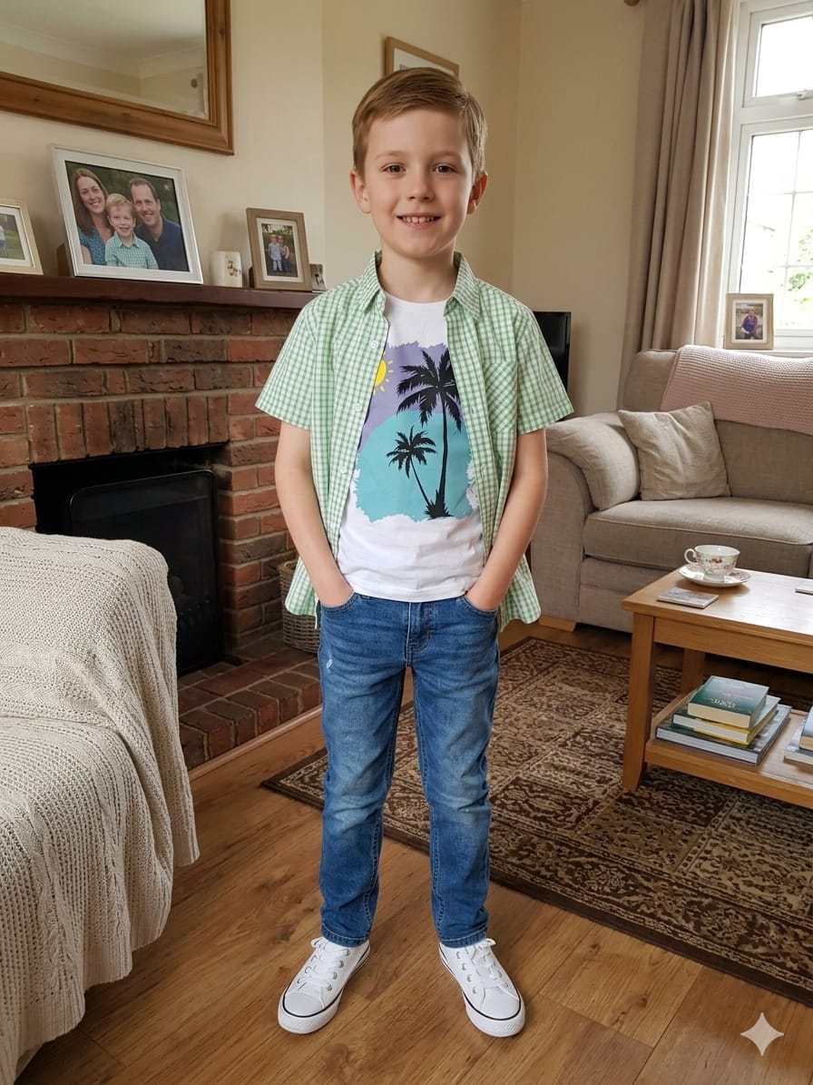 Tree Sun Print green Check Double Shirt Boys