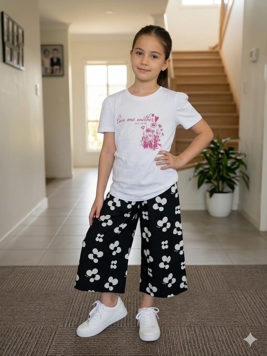 White petal Print White T-shirt & flapper plazzo -Girls