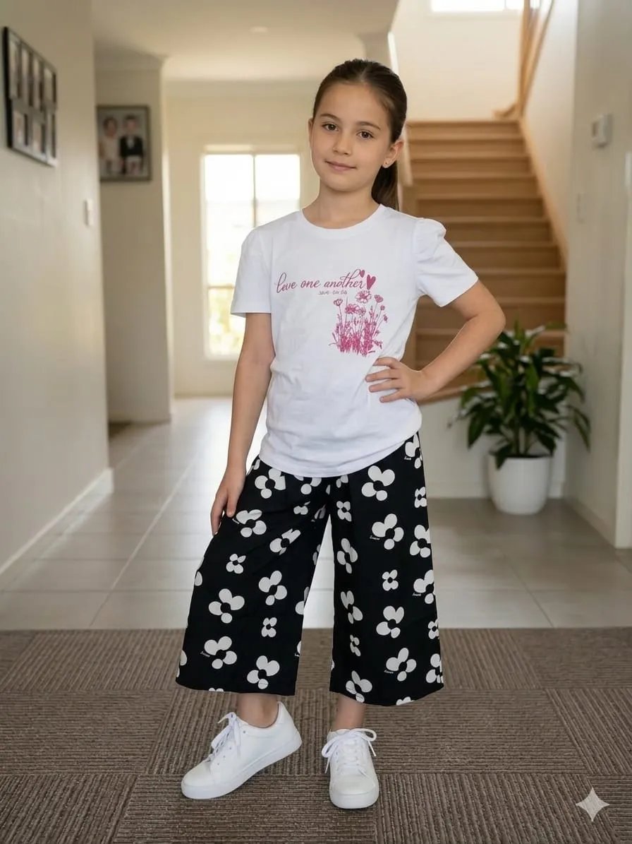 White petal Print White T-shirt & flapper plazzo -Girls