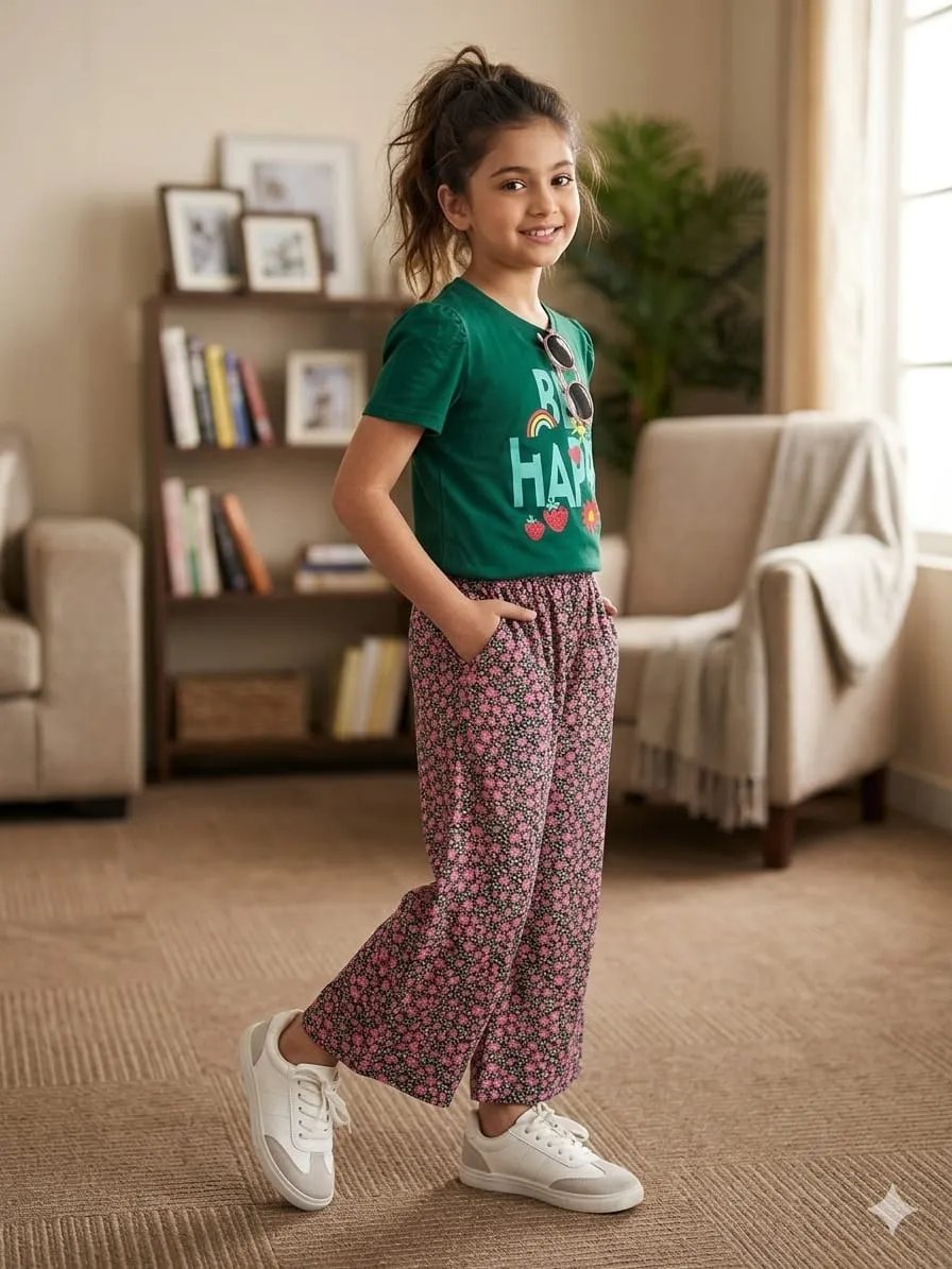 Be Happy Dark Green T-shirt & Flapper Palazzo for Girls (116N)