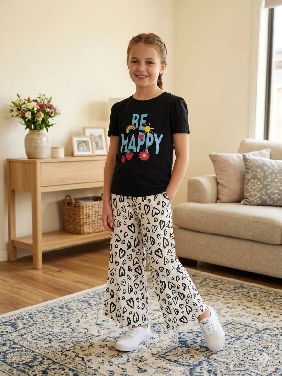 Be Happy Dark Black T-shirt & Flapper for Girls (48N)