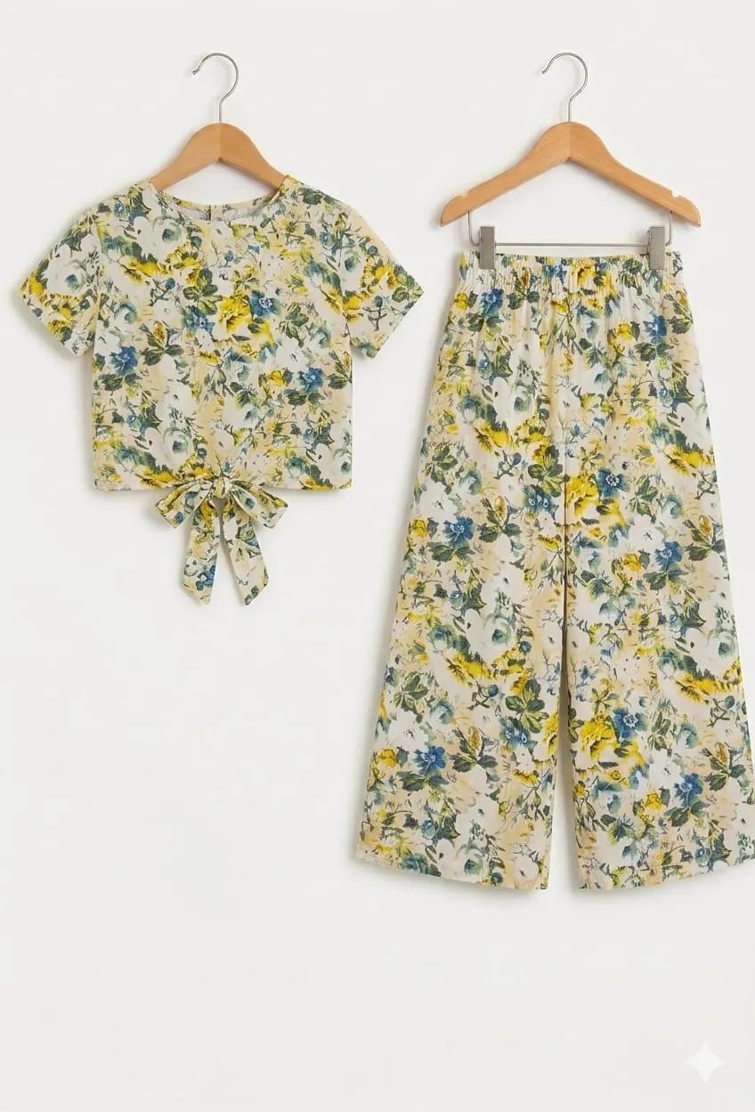 Blue & yellow FlowersHalf Sleeveless White Skate Fish- Girls