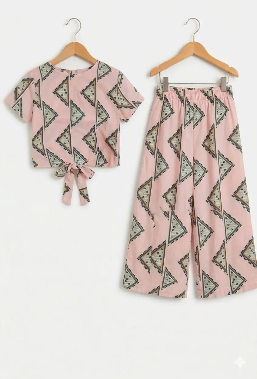 Zig Zag Print Half Sleeveless Pink Skate Fish- Girls