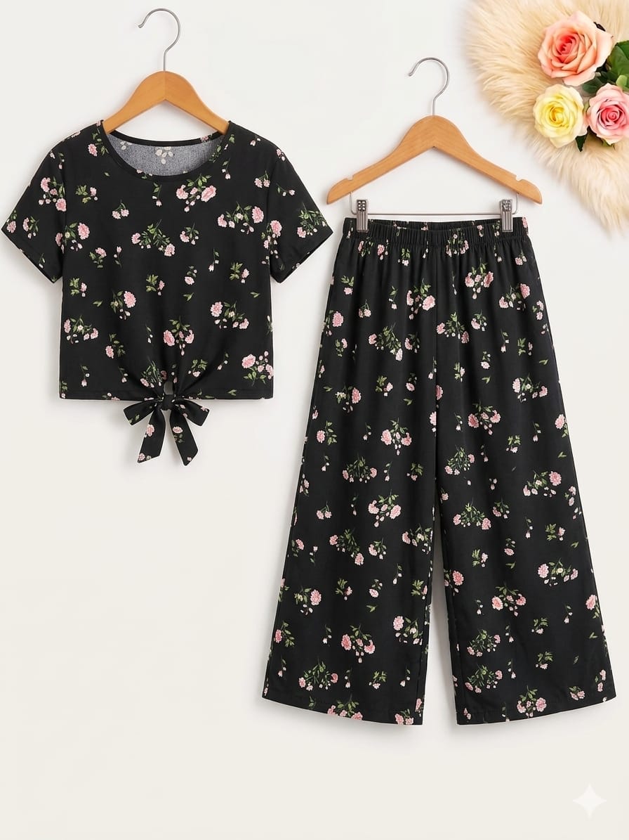 Yellow  Flowers Half Sleeveless Black Skate Fish- Girls