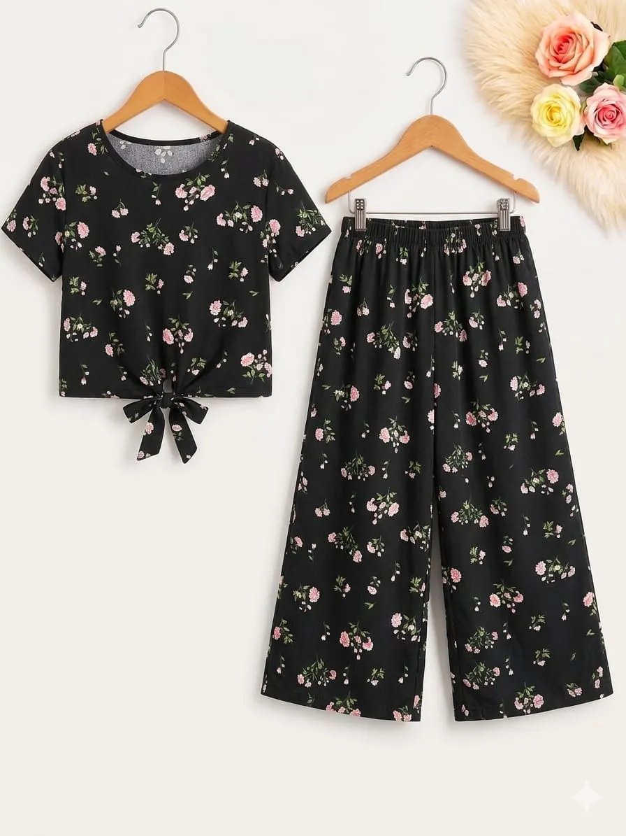 Yellow  Flowers Half Sleeveless Black Skate Fish- Girls