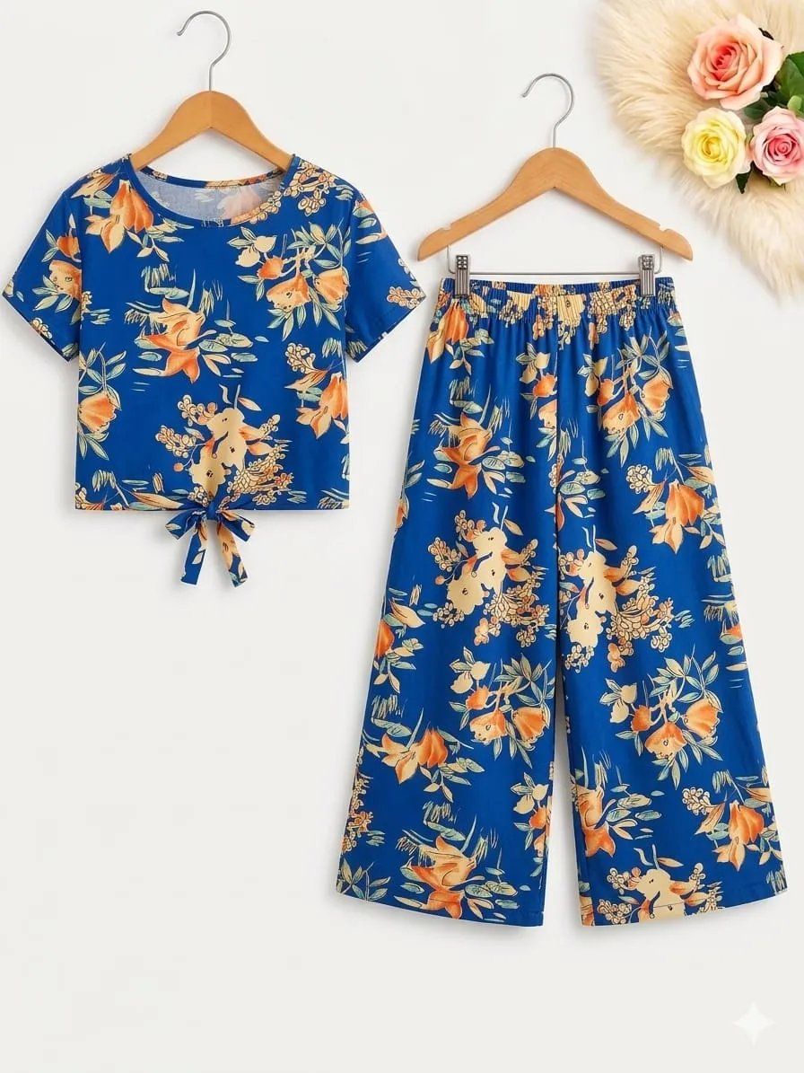 Yellow Flowers Half Sleeveless Blue Skate Fish- Girls