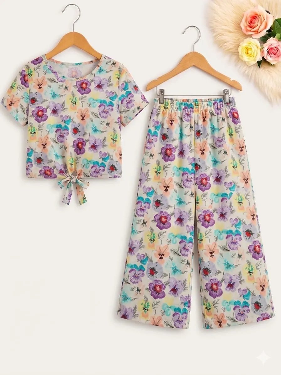 Purple and Yellow Flowers Half Sleeveless White Skate Fish- Girls