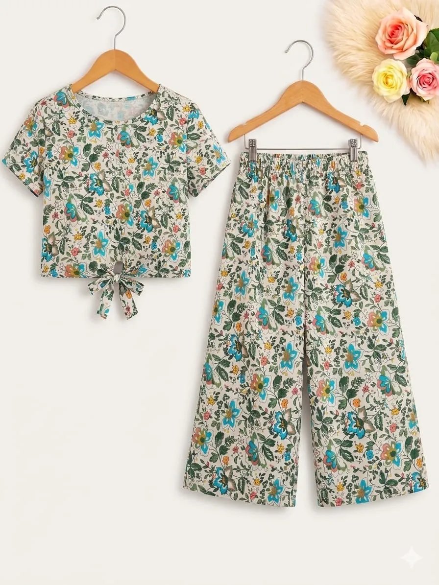 Brown & sky Flowers Half Sleeveless Skate Fish- Girls