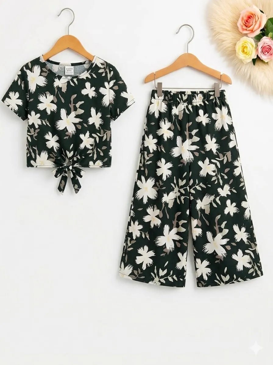 White Flowers Half Sleeveless Black Skate Fish- Girls