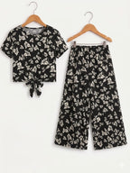 White Flowers Petal Print Black Skate Fish- Girls