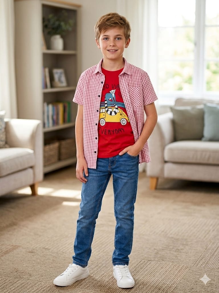 Car Print red InnerCheck Double Shirt Boys
