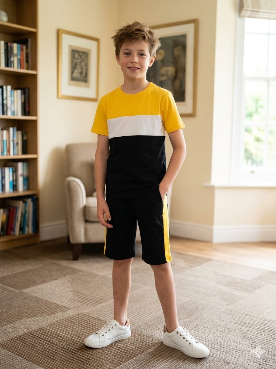 Three Penal Print Yellow And Black Long Nicker suit- Boys