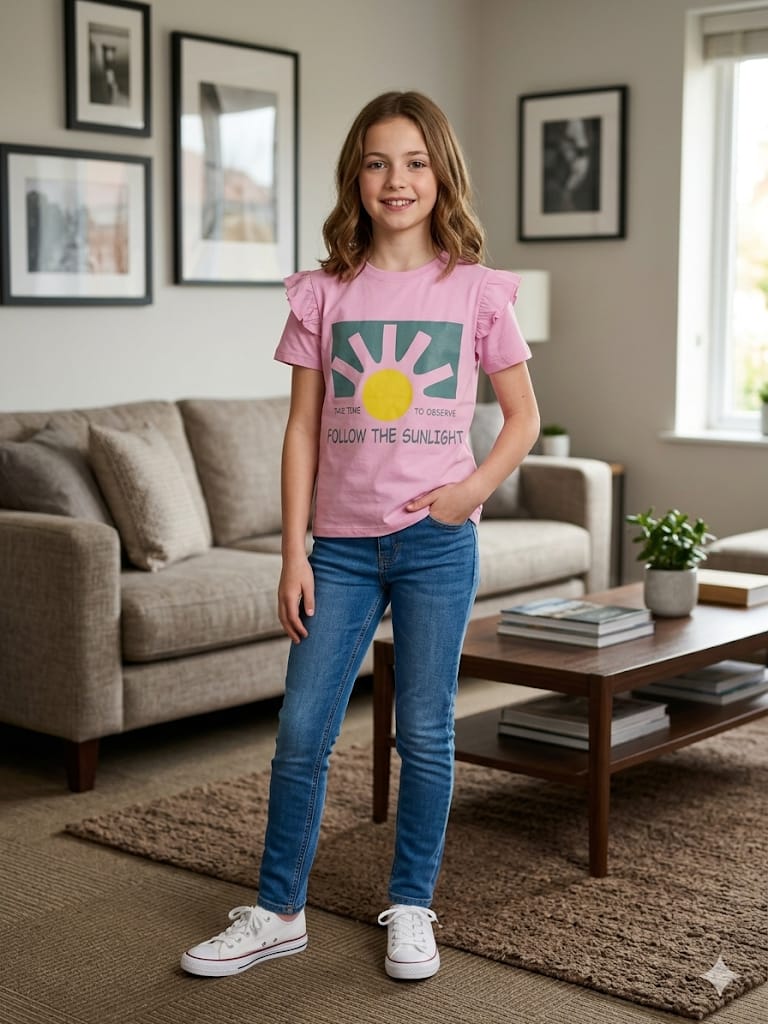 Sun Flower  Print Baby Pink T- Shirt- Girls