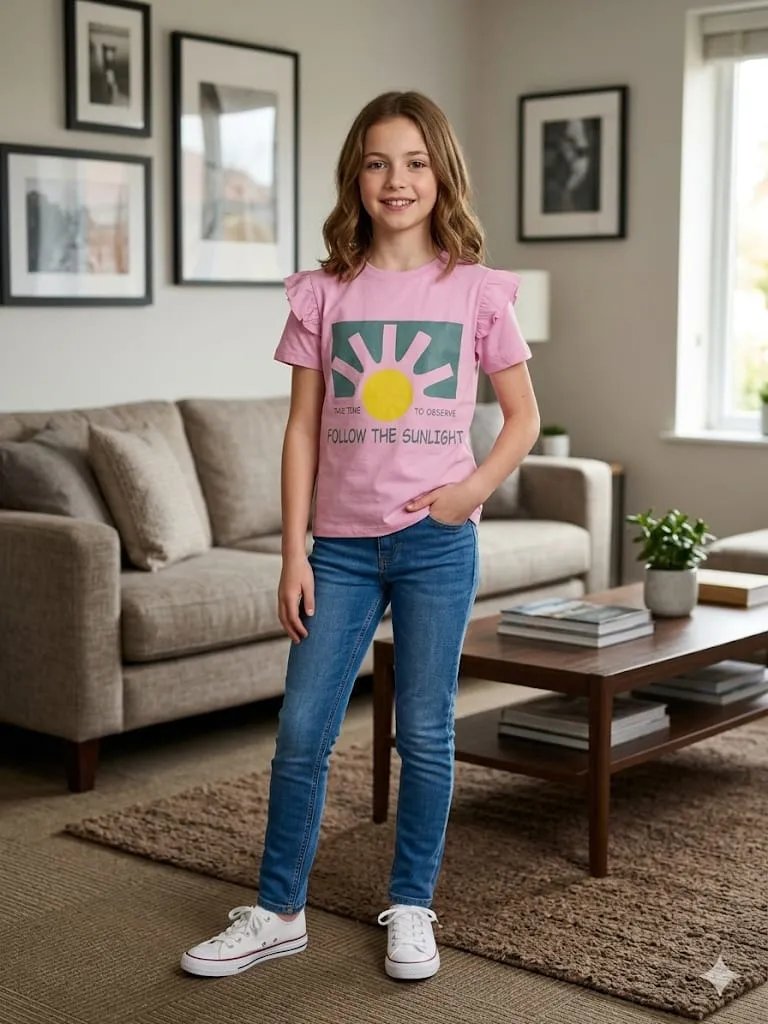 Sun Flower  Print Baby Pink T- Shirt- Girls(R-40N)
