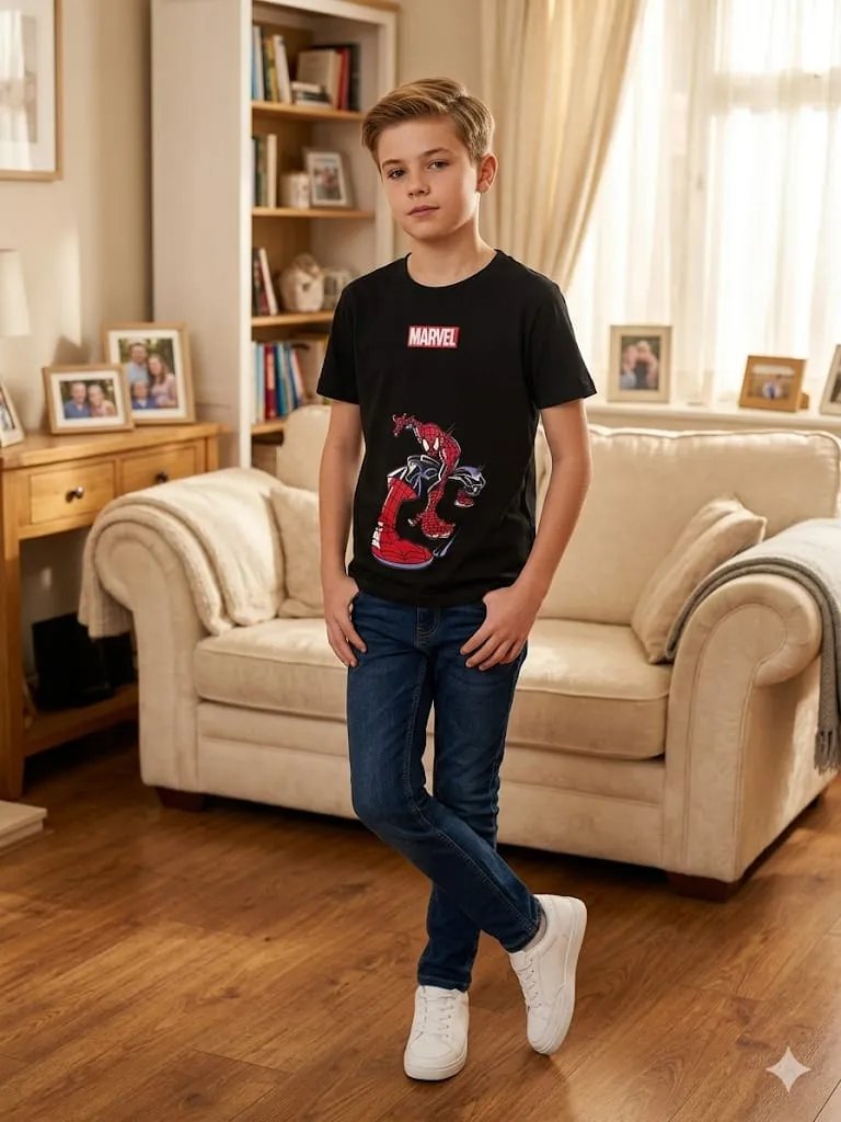 Marvel Print Black T- Shirt- Boys (49N)