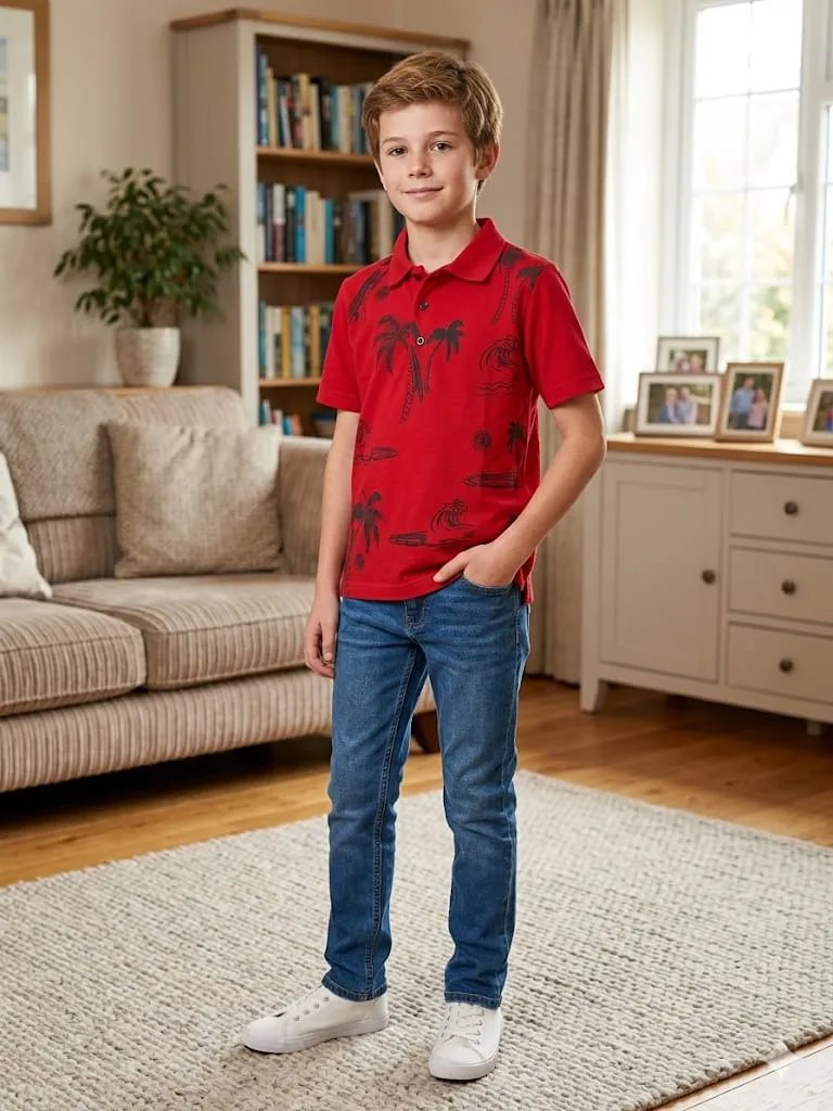 Tree Print Red Polo T-shirt for Boys (128N)